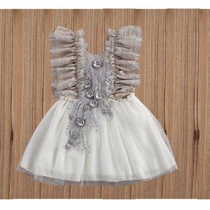 Ivory and Silver Embellished Girls' Party Dress